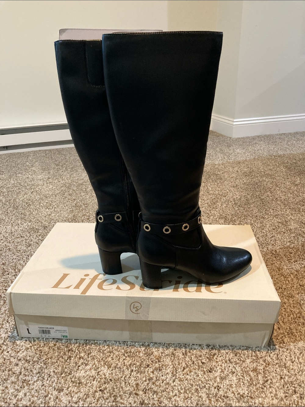 Life Stride Black Knee-High Heeled Boots with Eyelet Strap retail $129 7W